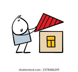 Cartoon stickman builder puts cute red roof on small house. Vector illustration of  toy building made with your own hands. Urban real estate, yellow window. Isolated funny person on white background. 