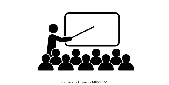 Cartoon stickman business or teacher represented by presentation. Stick figure man or businessman pointing at a board. Training class, meeting presentation icon or pictogram. students, schoolboard