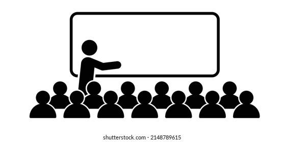 Cartoon Stickman Business Or Teacher Represented By Presentation. Stick Figure Man Or Businessman Pointing At A Board. Training Class, Meeting Presentation Icon Or Sign. Students, Schoolboard. Hybrid