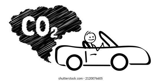 Cartoon Stickman In Cars And CO2 Clouds. Traffic Exhaust Pollution Icon. Vector Pictogram Or Symbol. Car With Smog. CO2 Emissions. Carbon Dioxide. Climate Change. Azote, NOx Or Nitrogen Oxides.