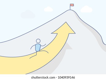 Cartoon stickman character climbing the mountain towards its peak where a flag stands symbolizing success. Vector concept illustration design in eps10