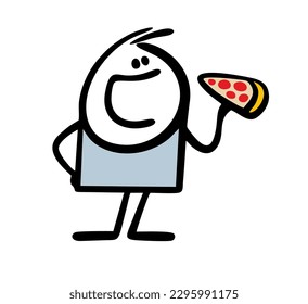 Cartoon stickman personaje comiendo porción de pizza con boca abierta. Ilustración vectorial de comida insalubre.