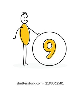 Cartoon stickman character showing number 9 or nine isolated on white background.