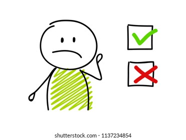 Cartoon stickman with checkboxes. Vector.