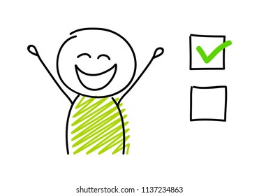 Cartoon stickman with checkboxes. Vector.
