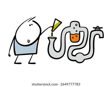 Cartoon stickman in chemistry class doing experiment, pouring liquid in glass system of vessels. Vector illustration scientist and scientific experience in laboratory. Practical science.
