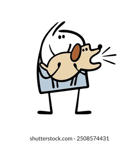 Niño stickman de dibujos animados sostiene un Pequeño perro en sus brazos. Ilustración vectorial de   Ladrido agresivo de mascotas. Doodle cachorro marrón y el dueño en un espectáculo de animales. Persona aislada sobre fondo blanco.