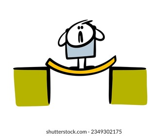 Cartoon stickman clutched his head in fright, stands on an unreliable bridge, the board bent. Vector illustration of a man panic. Isolated person on white background.