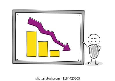 Cartoon stickman with column graph. Vector.