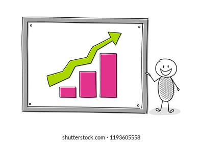 Cartoon stickman with column graph. Vector.