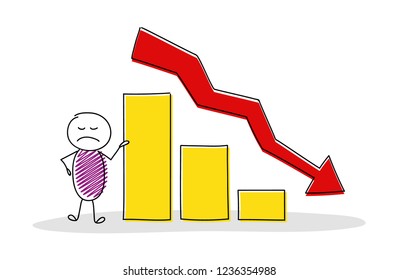 Cartoon stickman with column graph. Vector.