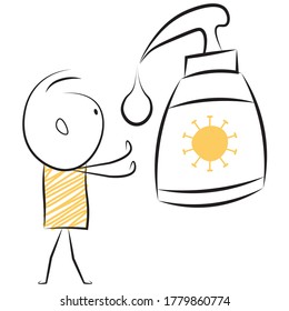 cartoon stickman: corona virus, caution, wash hands,sanitizer. Vector.