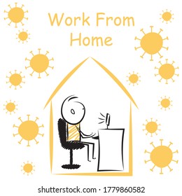 cartoon stickman: corona virus, work from home. Vector.