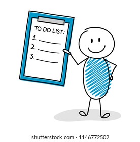 Cartoon stickman with to do list. Vector.