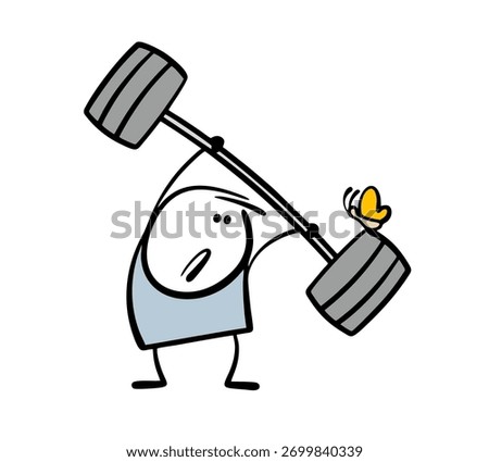 Cartoon stickman does weightlifting in the gym, lifts a very heavy barbell. Vector illustration of a cute butterfly sitting on the inventory. prevents the athlete from doing the exercise.