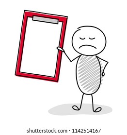 Cartoon stickman with empty clipboard. Vector.