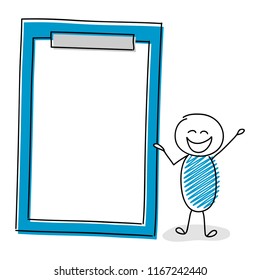 Cartoon stickman with empty clipboard. Vector.