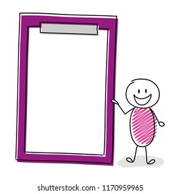 Cartoon stickman with empty clipboard. Vector.