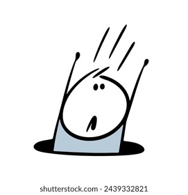 Cartoon stickman fell into a black hole on the road. Vector illustration of an unexpected problem. A frightened man is calling for help. Isolated doodle hand drawing on white background.