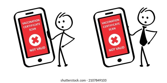 Cartoon stickman figure with health, vaccine passport, vaccination certificate on mobile phone screen. valid, green or not valid red. security stick man concept Corona, delta, omikron, omicron variant