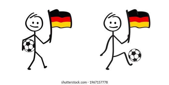 Cartoon stickman with the flag of Germany and football. Stick figure man with soccer ball. Funny vector sport icon. Sport finale or school game. Deutschland. For EK, WK  banner. 2020, 2021, 2022