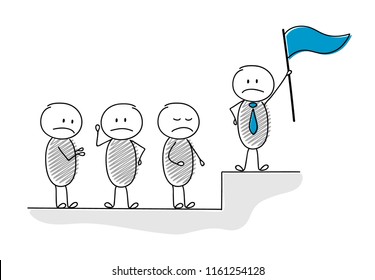 Cartoon stickman with flag and his team - leadership concept. Vector.