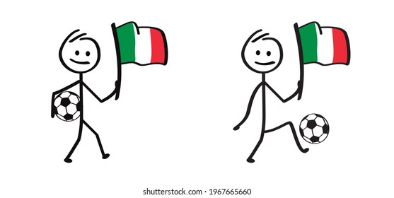 Cartoon stickman with the flag of the Italy and football. Stick figure man with soccer ball. Funny vector sport icon. Sport finale or school game. For EK, WK  banner. 2020, 2021, 2022