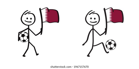 Cartoon stickman with the flag of Qatar and football. Stick figure man with soccer ball. Funny vector sport icon. Sport finale or school game. For EK, WK  2020, 2021, 2022 banner.