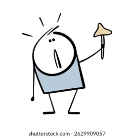 Cartoon stickman found a toadstool mushroom and pushed it away in horror. Vector doodle illustration of a funny man in the forest.