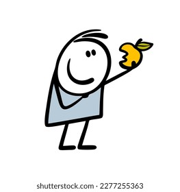 Cartoon stickman hand drawn in doodle style  eats an apple fruit. Vector illustration of natural food and stick figure boy.