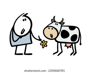 El caricaturista maneja una flor para ver a una vaca en una granja. Ilustración vectorial de un granjero alimentando a un animal con hierba y heno. Persona divertida aislada de fondo blanco.