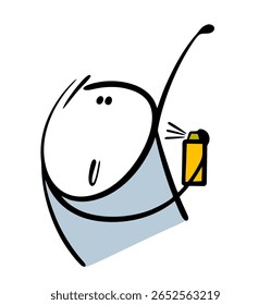 Cartoon stickman has raised his hand and is spraying into his armpit from a spray can. Vector illustration of male deodorant or perfume, protection from the smell of sweat. Funny teen and post-shower.