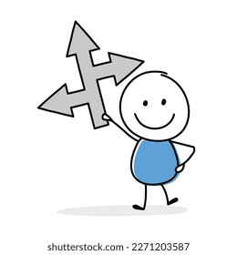 Cartoon stickman holding arrow icon. Funny hand drawn design for business presentation. Vector illustration