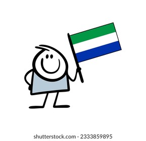 Cartoon stickman holding flag of Republic of Sierra Leone in rising up hand. Vector illustration of guy waving national sign of the country. Doodle male person isolated on white background.