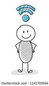 Cartoon stickman holding internet (wifi) icon. Vector.