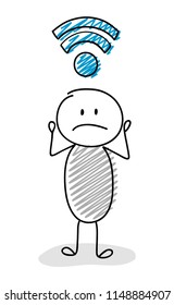 Cartoon stickman holding internet (wifi) icon. Vector.
