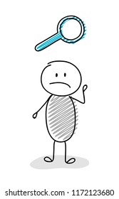 Cartoon stickman holding magnifier (search) symbol. Vector.