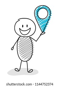 Cartoon stickman holding map pin (geotag) symbol. Vector.
