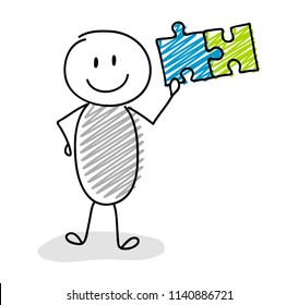 Cartoon stickman holding puzzle (success concept) icon. Vector.