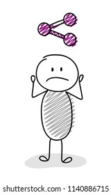 Cartoon stickman holding share (social media) icon. Vector.