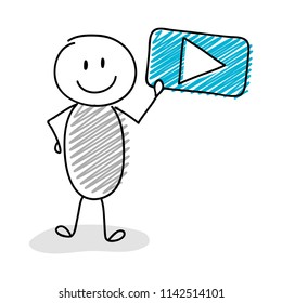 Cartoon stickman holding video player (social media) icon. Vector.