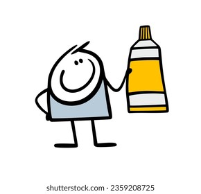 Cartoon stickman holds in his hand and shows a tube of paint and glue. Vector illustration of doodle boy and hand drawn toothpaste advertisement. Funny person isolated on white background.