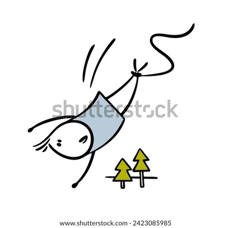 Cartoon stickman jumps down. A kind of sport ropejumping. Vector illustration of an athlete and a dangerous hobby on the prod, flying down from a height. Isolated on white background.