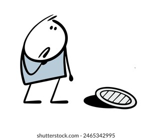 Cartoon stickman looks at the open hatch in confusion. Vector illustration of sad man who met an obstacle on the road. Dangerous hole in the street. Isolated doodle character on white background.