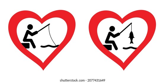 Cartoon stickman, i love fishing withe love heart or fishing with love. Stick figure and fish icon or pictogram. Favorite hobby sport for people. Fish hook. signpost
