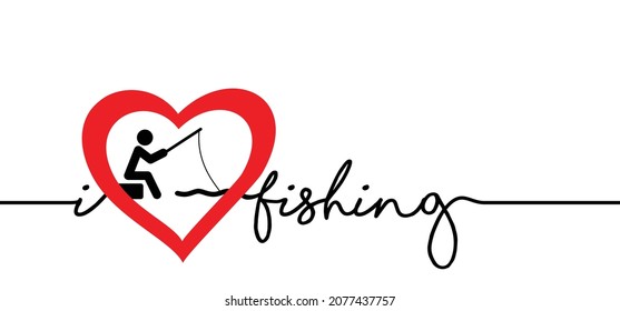 Cartoon stickman, i love fishing withe love heart or fishing with love. Stick figure and fish icon or pictogram. Favorite hobby sport for people.