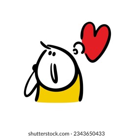 Cartoon stickman in love looks dreamily into the distance. Vector illustration of doodle teenager and a comic book bubble in a heart-shaped. Isolated character on white background.