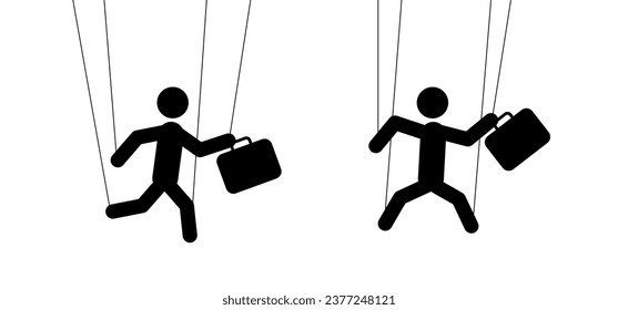 Cartoon stickman marionette controlled. Businessman, person puppet as a marionettes. Manipulation and influence playing concept. Play role with strings and wires. Hand manipulation concept.