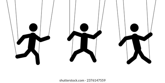 Cartoon stickman marionette controlled. Stick figure man, person puppet as a marionettes. Manipulation and influence playing concept. Play role with strings and wires. Hand manipulation concept.