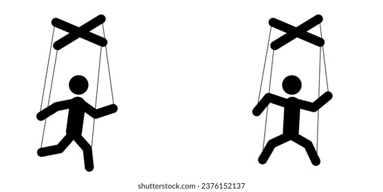 Cartoon stickman marionette controlled. Stick figure man, person puppet as a marionettes. Manipulation and influence playing concept. Play role with strings and wires. Hand manipulation concept.